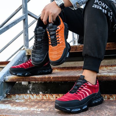 Sapatos de segurança de sola com almofada de ar de Kevlar Flyknit para trabalhadores industriais em laranja vermelho preto