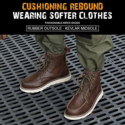 Sapatos de trabalho de borracha Kevlar em couro de vaca castanho para características de segurança superiores