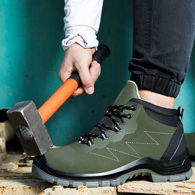 Botas de trabalho de segurança OEM Botas de segurança de couro genuíno Botas de segurança de aço antiestático de chapa de sola média Botas de trabalho de sola de PU Botas de segurança