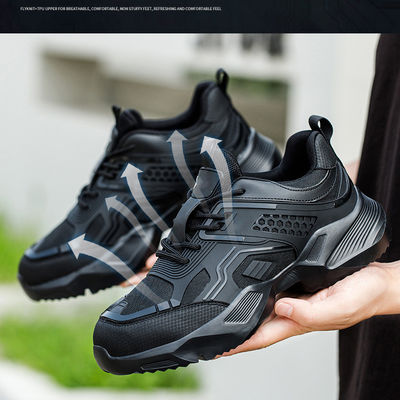 Sapatos de segurança de logotipo personalizado preto durável com tricô voador TPU respirável e sola média Kevlar