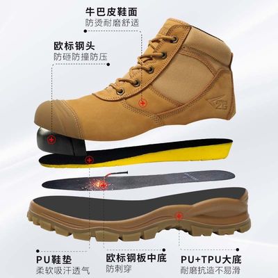 Botas de trabalho de segurança de corte médio em couro genuíno Botas de segurança com biqueira de aço padrão europeu Palmilha de aço Sapatos de trabalho Sapatos de segurança Pu+tpu